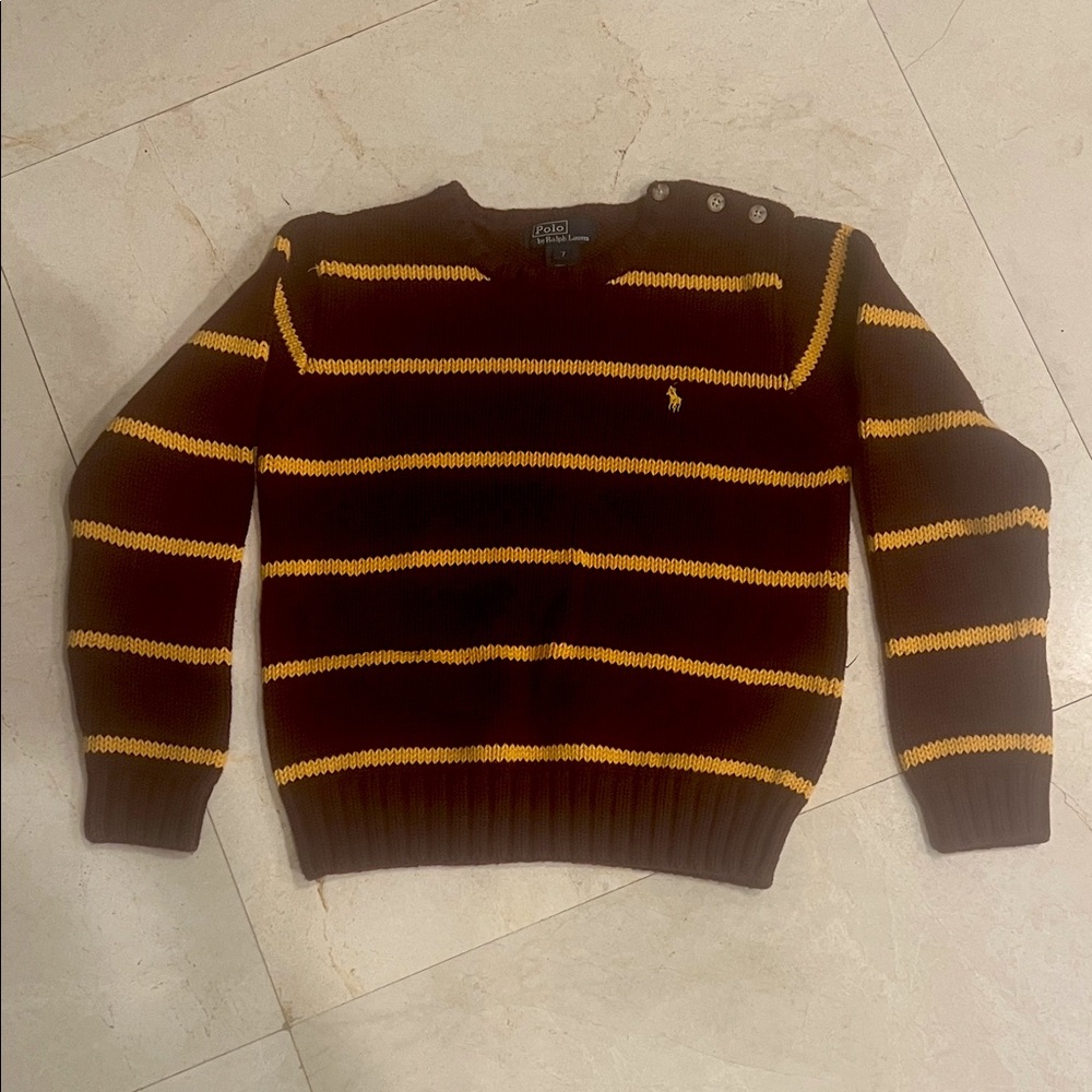Ralph Lauren Brown and Yellow Striped Crewneck Sweater
